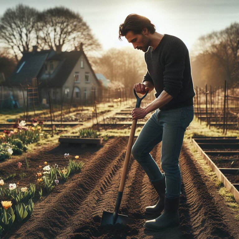 Man using a spade to dig in a garden.